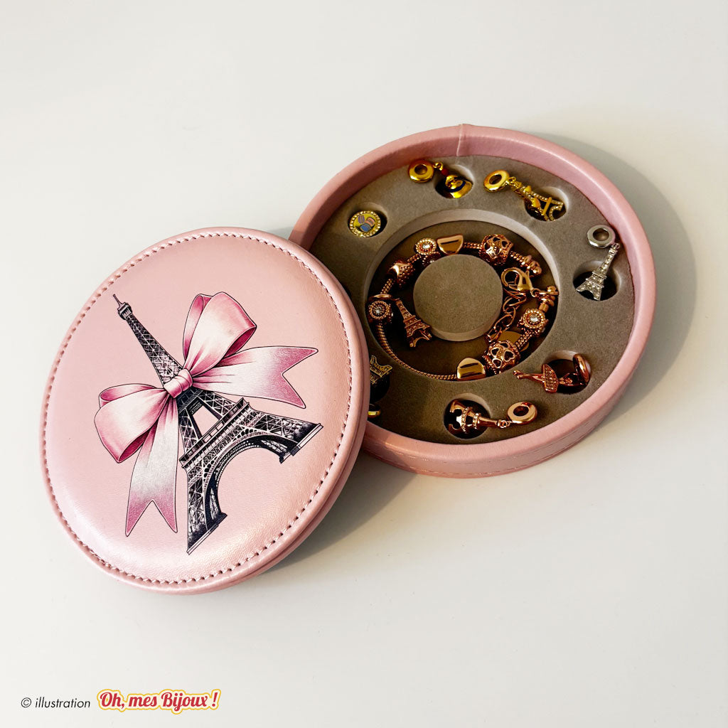 Boîte à Charms Rose – Motif Tour Eiffel avec Nœud Élégant Oh, mes Bijoux !