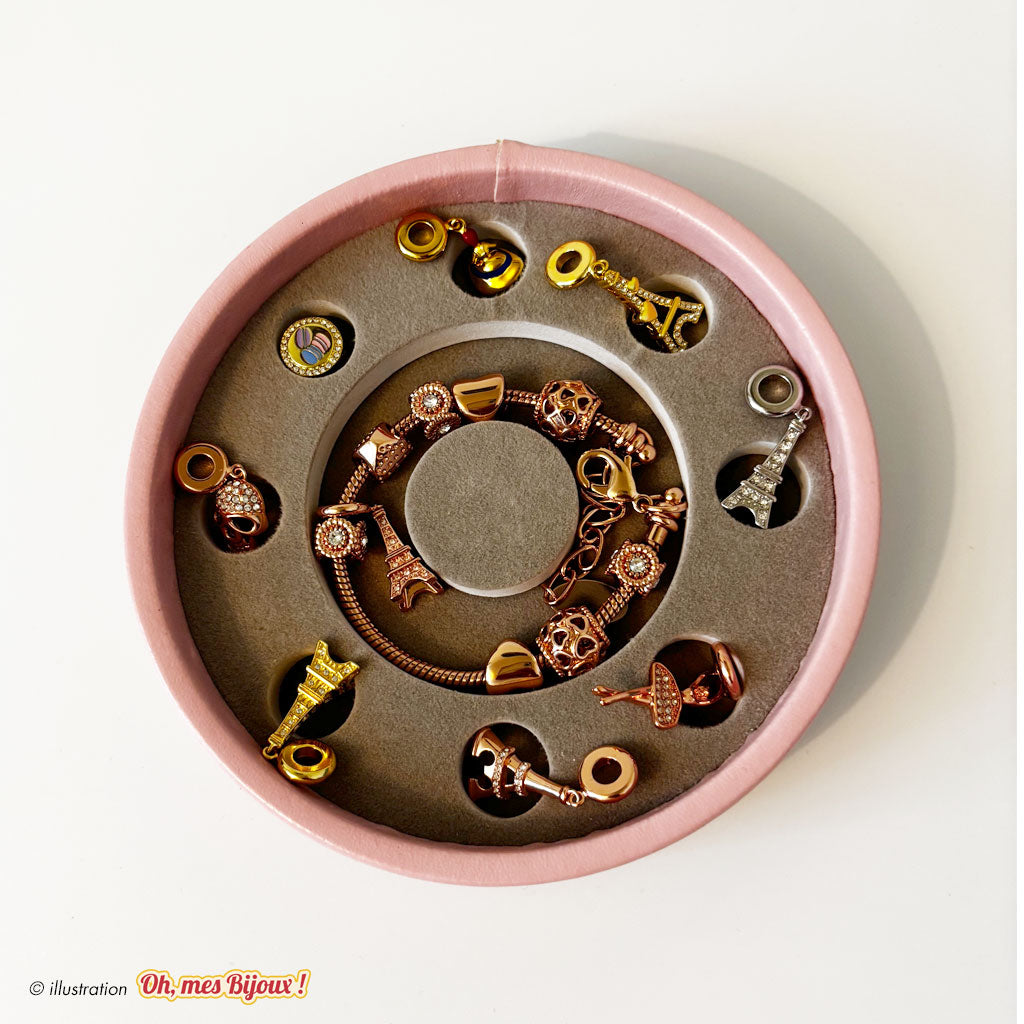 Boîte à Charms Rose – Motif Tour Eiffel avec Nœud Élégant Oh, mes Bijoux !