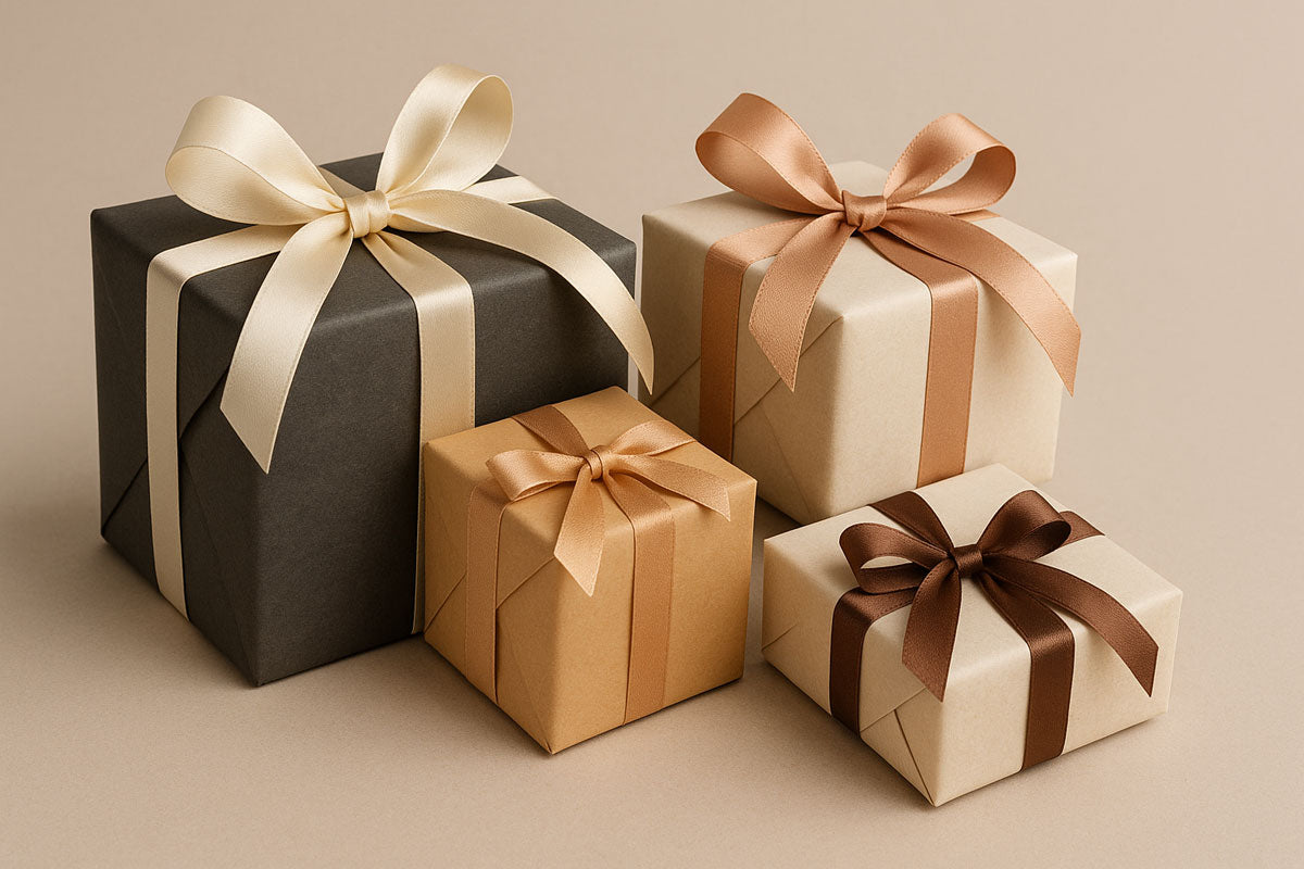 Boîtes cadeaux élégantes avec rubans satinés, illustration de la Carte Cadeau Bijoux Oh, mes Bijoux ! pour offrir le choix parfait.