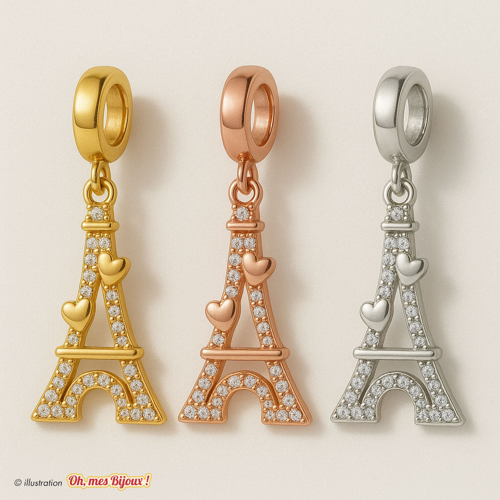 Charm Tour Eiffel Cœurs avec Cristal Swarovski® Elements pour Bracelet Oh, mes Bijoux !