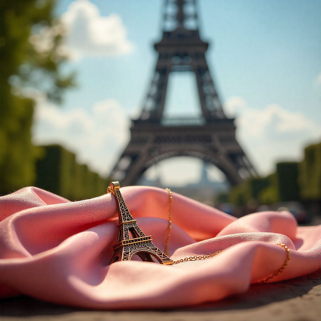 Collier pendentif Tour Eiffel doré posé sur tissu rose avec la Tour Eiffel en arrière-plan, bijou fantaisie élégant et cadeau personnalisé.