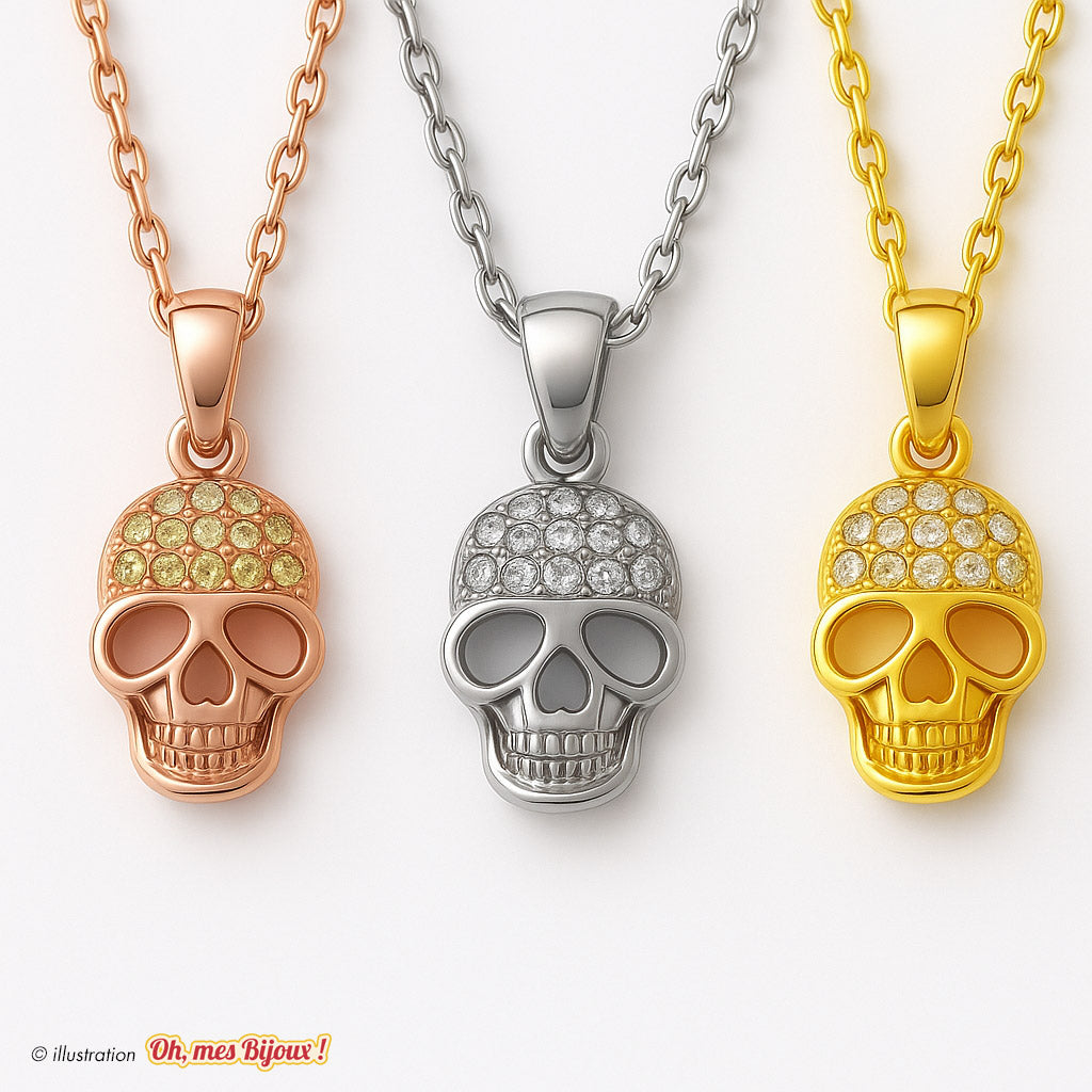 Colliers avec pendentif Tête de Mort en or rose, argent et doré, ornés de cristaux Swarovski® Elements, bijoux raffinés et tendances pour un look audacieux. 