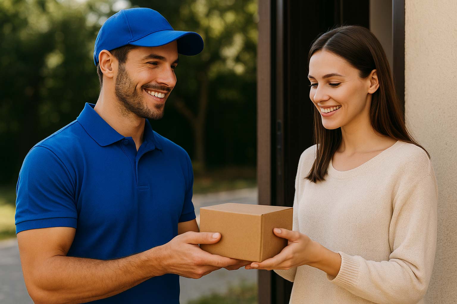 Femme recevant un colis remis par un livreur souriant, illustration de la livraison rapide et sécurisée des bijoux Oh, mes Bijoux !