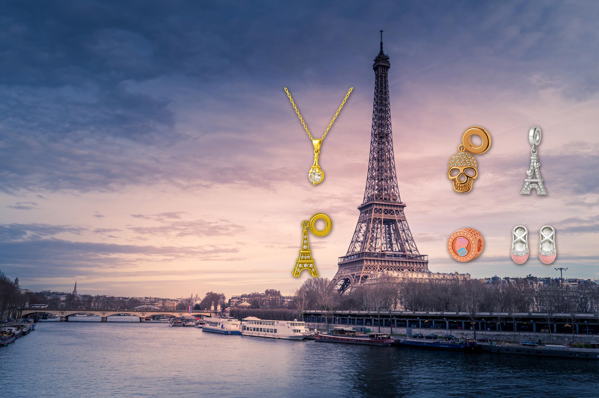 Charms, colliers et pendentifs inspirés de Paris avec cristaux Swarovski® Elements, présentés devant la Tour Eiffel, bijoux fantaisie élégants et cadeaux personnalisés.