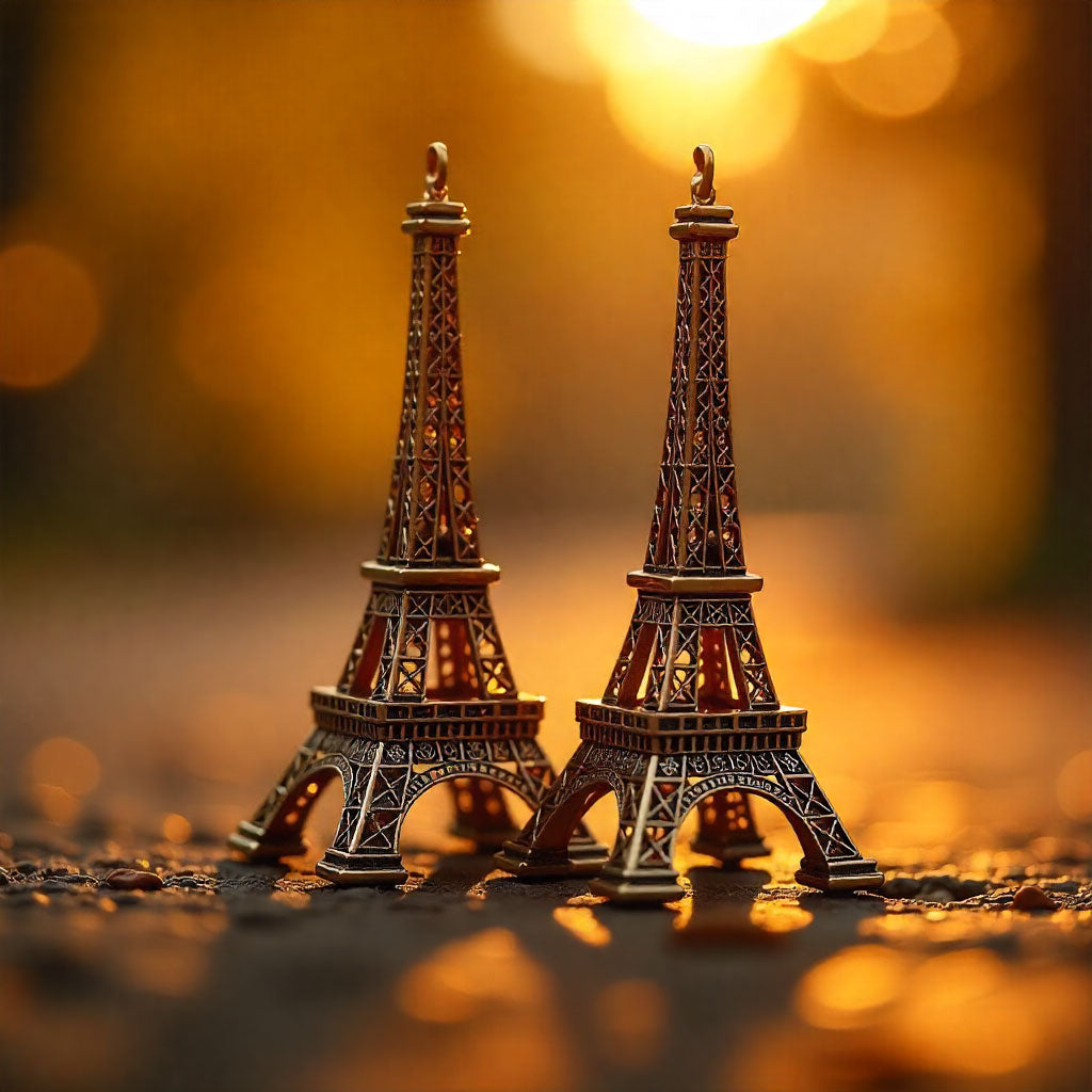 Deux pendentifs Tour Eiffel dorés posés côte à côte avec un fond lumineux au coucher de soleil, bijoux fantaisie élégants et cadeaux personnalisés.