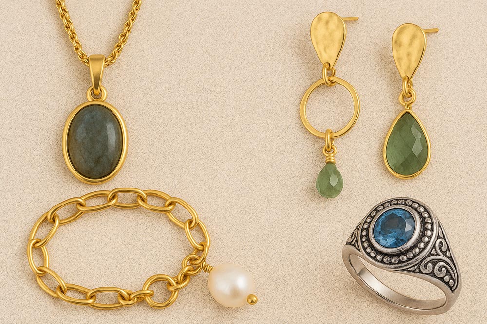Parure de bijoux élégants comprenant un collier doré avec pierre, boucles d’oreilles dorées, bracelet avec perle et bague argentée ornée d’une pierre bleue, collection bijoux fantaisie tendance et cadeaux personnalisés.